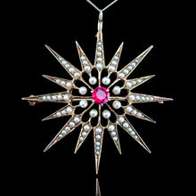 Load image into Gallery viewer, Antique Victorian Ruby & Pearl Star Pendant Necklace Brooch 14K Gold - c.1890