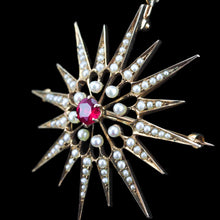Load image into Gallery viewer, Antique Victorian Ruby & Pearl Star Pendant Necklace Brooch 14K Gold - c.1890