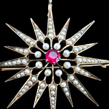 Load image into Gallery viewer, Antique Victorian Ruby & Pearl Star Pendant Necklace Brooch 14K Gold - c.1890