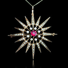 Load image into Gallery viewer, Antique Victorian Ruby & Pearl Star Pendant Necklace Brooch 14K Gold - c.1890