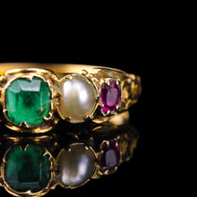 Load image into Gallery viewer, Antique Victorian 15ct Gold Emerald, Garnet & Pearl Ring Suffragette - c.1880