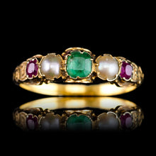 Load image into Gallery viewer, Antique Victorian 15ct Gold Emerald, Garnet & Pearl Ring Suffragette - c.1880