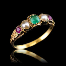 Load image into Gallery viewer, Antique Victorian 15ct Gold Emerald, Garnet & Pearl Ring Suffragette - c.1880