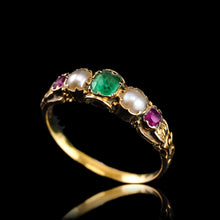 Load image into Gallery viewer, Antique Victorian 15ct Gold Emerald, Garnet & Pearl Ring Suffragette - c.1880