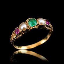 Load image into Gallery viewer, Antique Victorian 15ct Gold Emerald, Garnet & Pearl Ring Suffragette - c.1880