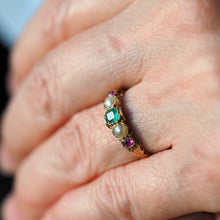 Load image into Gallery viewer, Antique Victorian 15ct Gold Emerald, Garnet & Pearl Ring Suffragette - c.1880