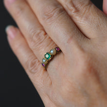 Load image into Gallery viewer, Antique Victorian 15ct Gold Emerald, Garnet & Pearl Ring Suffragette - c.1880