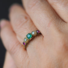 Load image into Gallery viewer, Antique Victorian 15ct Gold Emerald, Garnet & Pearl Ring Suffragette - c.1880