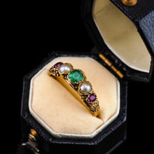 Load image into Gallery viewer, Antique Victorian 15ct Gold Emerald, Garnet & Pearl Ring Suffragette - c.1880