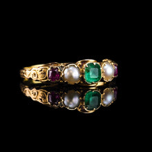 Load image into Gallery viewer, Antique Victorian 15ct Gold Emerald, Garnet & Pearl Ring Suffragette - c.1880