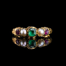 Load image into Gallery viewer, Antique Victorian 15ct Gold Emerald, Garnet & Pearl Ring Suffragette - c.1880