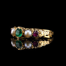 Load image into Gallery viewer, Antique Victorian 15ct Gold Emerald, Garnet & Pearl Ring Suffragette - c.1880