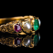 Load image into Gallery viewer, Antique Victorian 15ct Gold Emerald, Garnet & Pearl Ring Suffragette - c.1880
