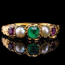 Load image into Gallery viewer, Antique Victorian 15ct Gold Emerald, Garnet & Pearl Ring Suffragette - c.1880