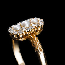 Load image into Gallery viewer, Antique Victorian Diamond and Pearl Triple Cluster Ring 18K Gold - c.1900