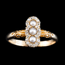 Load image into Gallery viewer, Antique Victorian Diamond and Pearl Triple Cluster Ring 18K Gold - c.1900