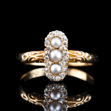 Load image into Gallery viewer, Antique Victorian Diamond and Pearl Triple Cluster Ring 18K Gold - c.1900