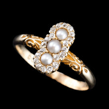 Load image into Gallery viewer, Antique Victorian Diamond and Pearl Triple Cluster Ring 18K Gold - c.1900