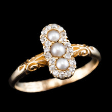 Load image into Gallery viewer, Antique Victorian Diamond and Pearl Triple Cluster Ring 18K Gold - c.1900