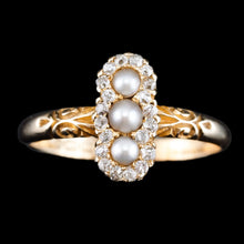 Load image into Gallery viewer, Antique Victorian Diamond and Pearl Triple Cluster Ring 18K Gold - c.1900