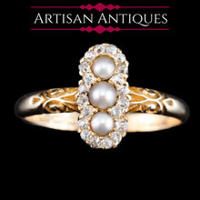 Load image into Gallery viewer, Antique Victorian Diamond and Pearl Triple Cluster Ring 18ct Gold - c.1900