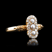 Load image into Gallery viewer, Antique Victorian Diamond and Pearl Triple Cluster Ring 18K Gold - c.1900