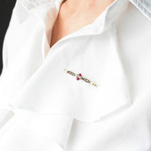 Load image into Gallery viewer, Antique Ruby & Diamond Brooch 14ct Gold with Pearl Accents - c.1900