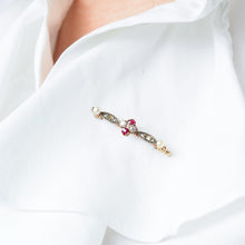 Load image into Gallery viewer, Antique Ruby & Diamond Brooch 14ct Gold with Pearl Accents - c.1900