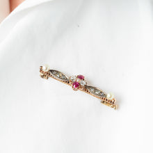 Load image into Gallery viewer, Antique Ruby & Diamond Brooch 14ct Gold with Pearl Accents - c.1900