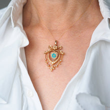 Load image into Gallery viewer, Antique Edwardian 15ct Gold Turquoise, Diamond & Seed Pearl Pendant Necklace - c.1910