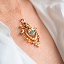 Load image into Gallery viewer, Antique Edwardian 15ct Gold Turquoise, Diamond & Seed Pearl Pendant Necklace - c.1910