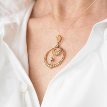 Load image into Gallery viewer, Antique Diamond and Pearl Pendant Necklace 14K Gold Double Crescent Moon c.1900