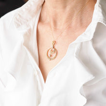Load image into Gallery viewer, Antique Diamond and Pearl Pendant Necklace 14K Gold Double Crescent Moon c.1900