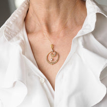 Load image into Gallery viewer, Antique Diamond and Pearl Pendant Necklace 14K Gold Double Crescent Moon c.1900