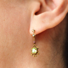 Load image into Gallery viewer, Antique Peridot Ruby and Pearl Earrings 18k Gold Cannetille Suffragette Design