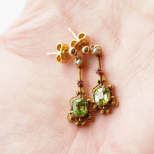 Load image into Gallery viewer, Antique Peridot Ruby and Pearl Earrings 18k Gold Cannetille Suffragette Design