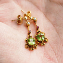 Load image into Gallery viewer, Antique Peridot Ruby and Pearl Earrings 18k Gold Cannetille Suffragette Design