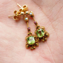 Load image into Gallery viewer, Antique Peridot Ruby and Pearl Earrings 18k Gold Cannetille Suffragette Design