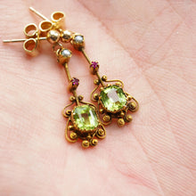 Load image into Gallery viewer, Antique Peridot Ruby and Pearl Earrings 18k Gold Cannetille Suffragette Design