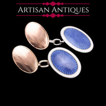 Load image into Gallery viewer, Antique Gold Cufflinks with Blue Guilloche Enamel 9ct Gold & Sterling Silver - Victorian c.1863