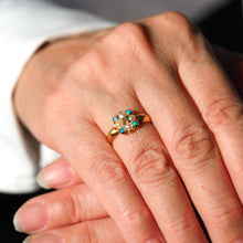Load image into Gallery viewer, Antique Turquoise, Diamond & Pearl Ring 15ct Gold Victorian Flower Cluster Design - 1897