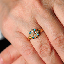 Load image into Gallery viewer, Antique Turquoise, Diamond & Pearl Ring 15ct Gold Victorian Flower Cluster Design - 1897