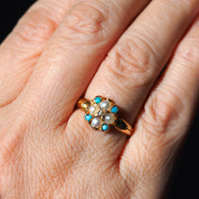 Load image into Gallery viewer, Antique Turquoise, Diamond & Pearl Ring 15ct Gold Victorian Flower Cluster Design - 1897