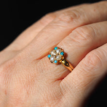 Load image into Gallery viewer, Antique Turquoise, Diamond & Pearl Ring 15ct Gold Victorian Flower Cluster Design - 1897