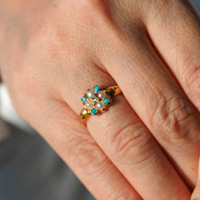 Load image into Gallery viewer, Antique Turquoise, Diamond & Pearl Ring 15ct Gold Victorian Flower Cluster Design - 1897