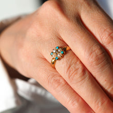 Load image into Gallery viewer, Antique Turquoise, Diamond & Pearl Ring 15ct Gold Victorian Flower Cluster Design - 1897