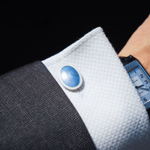 Load image into Gallery viewer, Antique Gold Cufflinks with Blue Guilloche Enamel 9ct Gold & Sterling Silver - Victorian c.1863