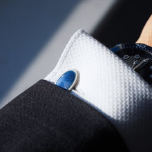 Load image into Gallery viewer, Antique Gold Cufflinks with Blue Guilloche Enamel 9ct Gold & Sterling Silver - Victorian c.1863