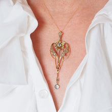 Load image into Gallery viewer, Antique Aquamarine Pendant Necklace with Seed Pearls 9ct Gold Art Nouveau Design - Edwardian c.1905