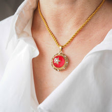 Load image into Gallery viewer, Antique Victorian Diamond & Pearl Star Necklace with Red Rock Crystal Cabochon 15ct Gold - c.1880